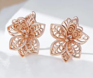 585 Rose Gold Color Flower Dangle Hoop Earrings