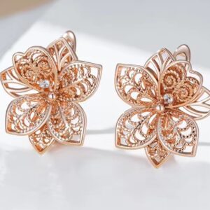 585 Rose Gold Color Flower Dangle Hoop Earrings