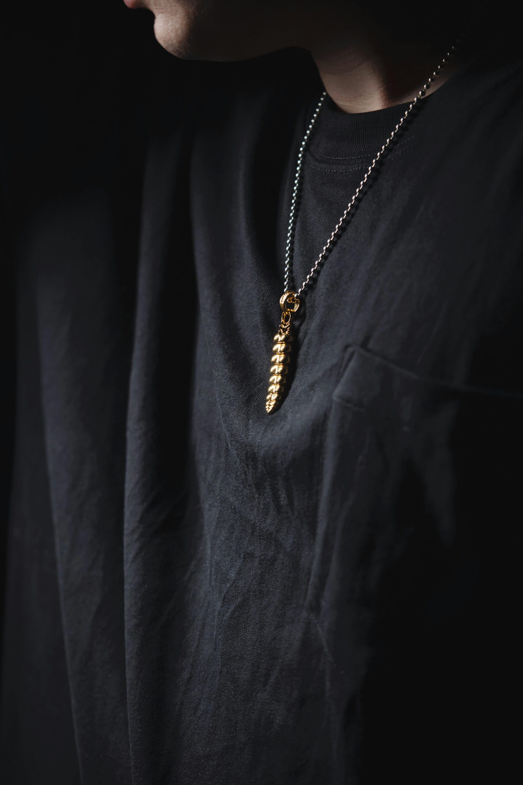 Elegant golden necklace pendant with black shirt background, dark moody aesthetics.